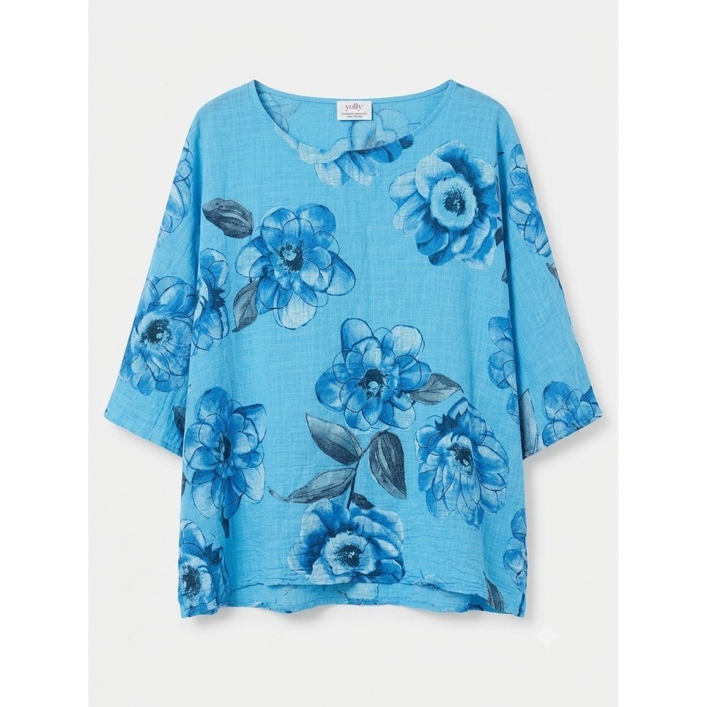 Yolly Italian Cotton Top Womens XL Boho Earthy Art Floral Natural Lagenlook
